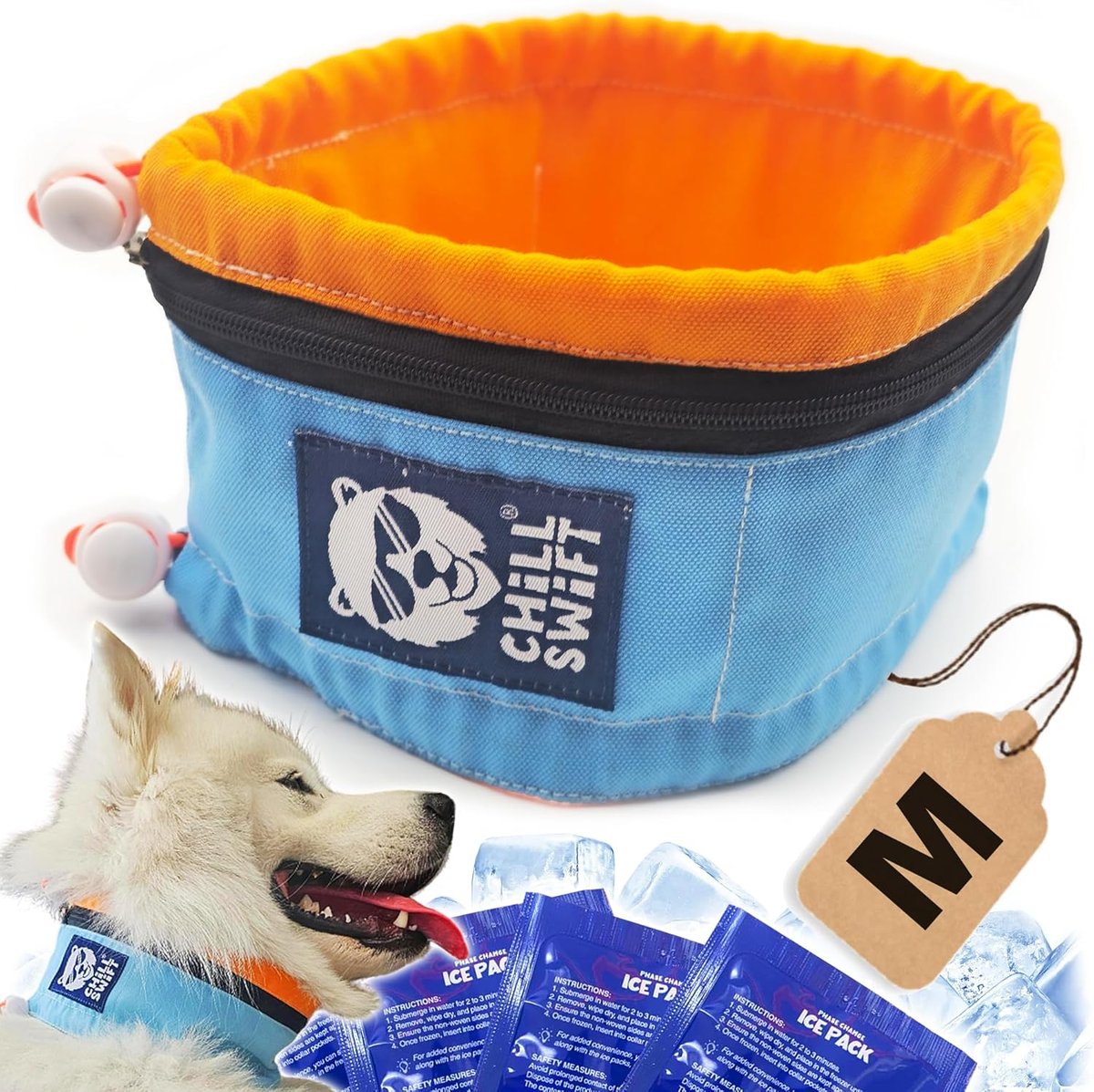 ChillSwift dog cooling collar in blue, fitted on a medium dog
